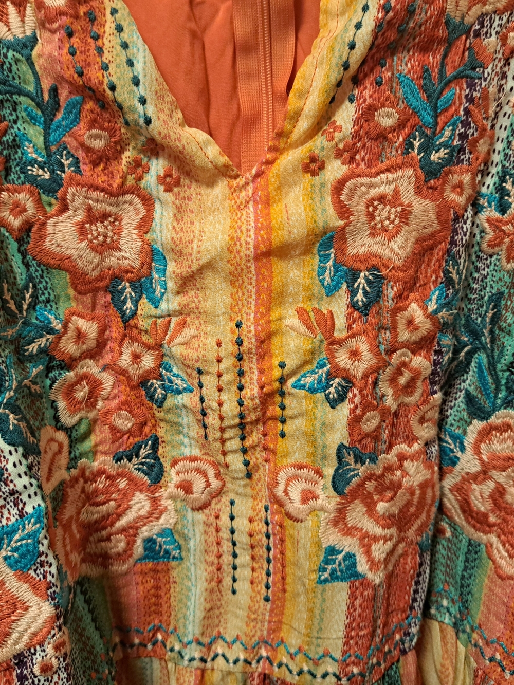 Savanna Jane Coral, Teal & Yellow Striped Embroidered Sundress - Picture 2 of 9